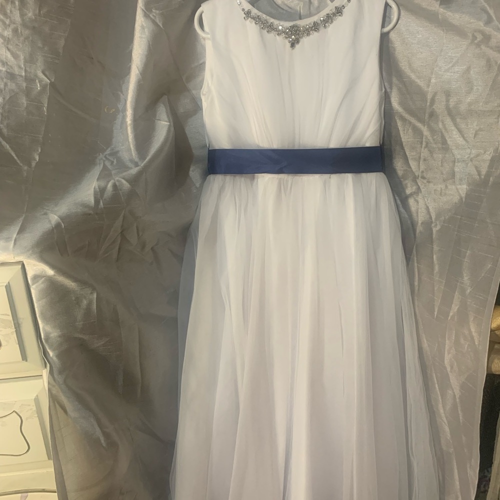Joan Calabrese White Dress with Blue Sash